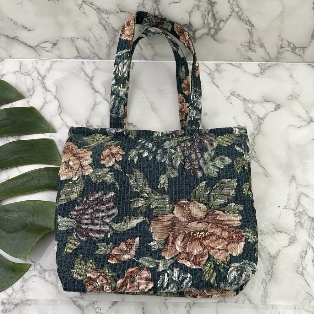 Womens Vintage 90s Tapestry Tote Bag Purse Blue Pink Floral Small Cottagecore